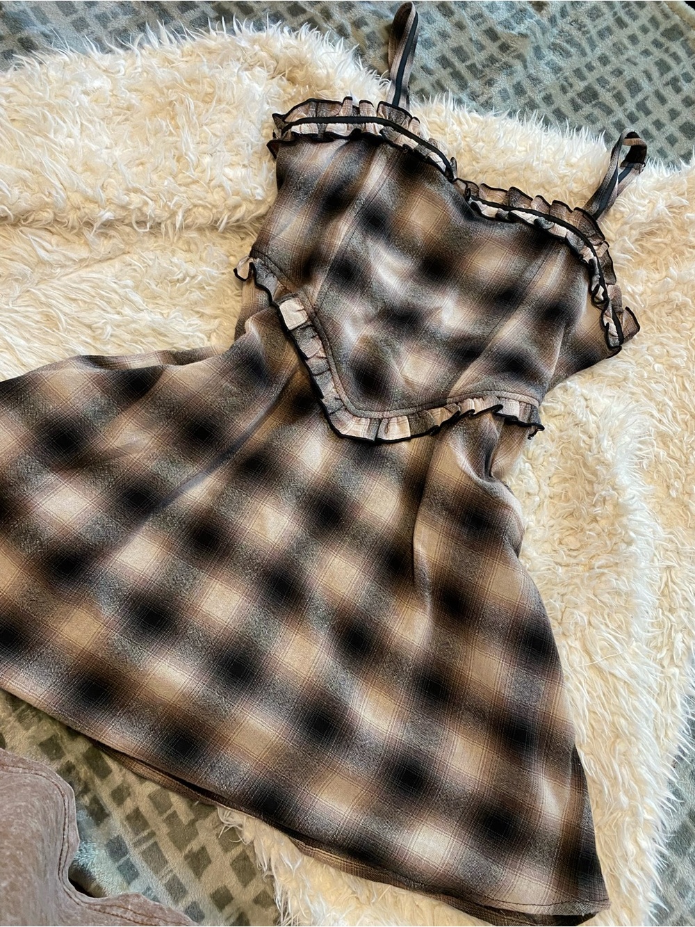 Ruffle-Trim Plaid Mini Dress in Brown and Black